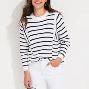 Vineyard Vines (XS) Striped Ribbed Knit Cotton Crewneck Sweater- Black & White